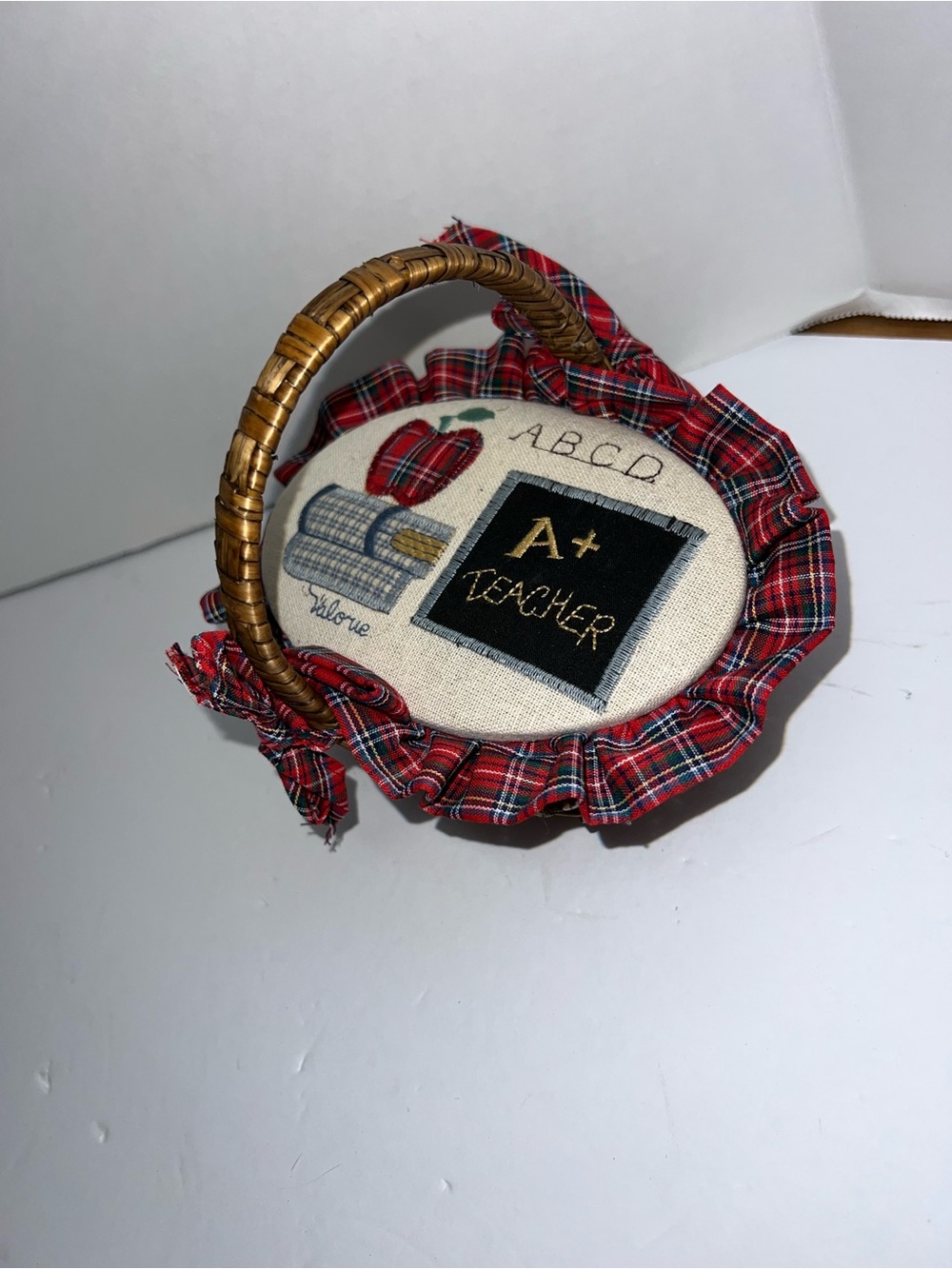 Vintage A+ Teacher Decorative Basket with Red Plaid Trim Embroidered